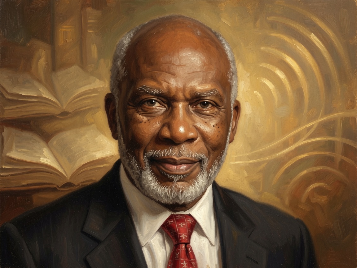 Commemorative oil painting tribute portrait of Henry Charles Cotton (1946–2025). A dignified Black elder statesman with short white beard, wearing a dark pinstripe suit and red patterned tie, with warm wise expression. Artistic background features open books symbolizing education and legacy, with elegant golden radio wave motifs honoring his pioneering work in Black radio ownership (KTRY & KDKS).